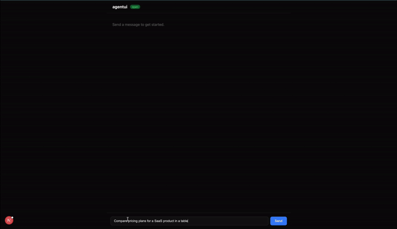 AgentUI demo — an agent composing a table, a card, and a stepper into a chat interface